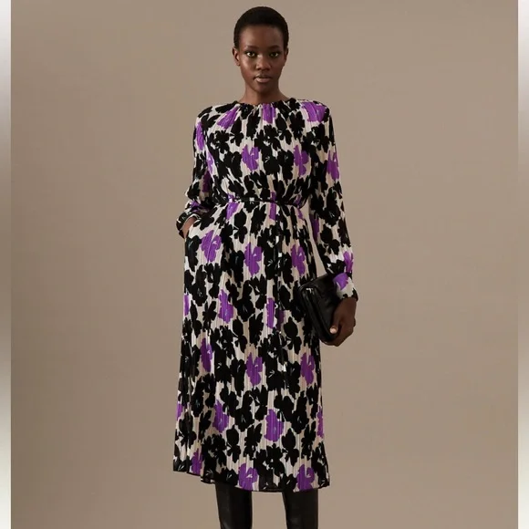 Marks & Spencer | Dresses | Autograph Marks Spencer Purple Plisse Printed  High Neck Midi Dress Size Us 6 | Poshmark